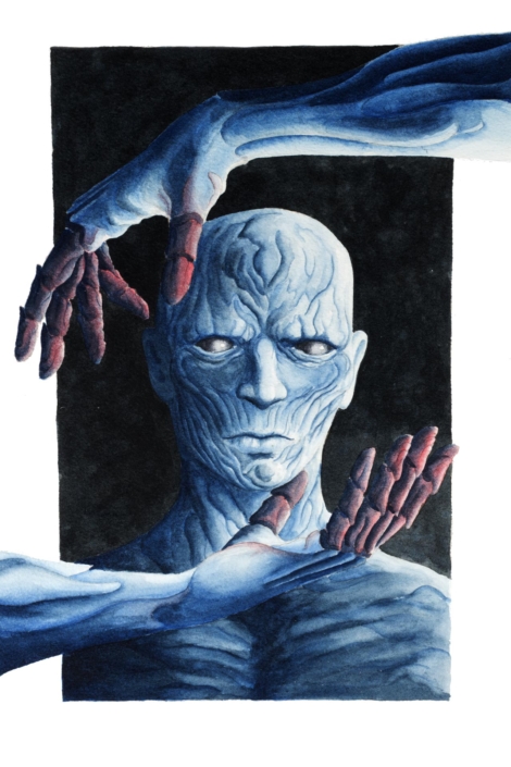 Illustrazione di un mostro blu con due mani che fluttuano attorno al suo volto