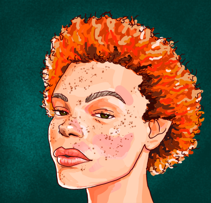 Illustrazione digitale di un viso di ragazza afro rossa e riccia
