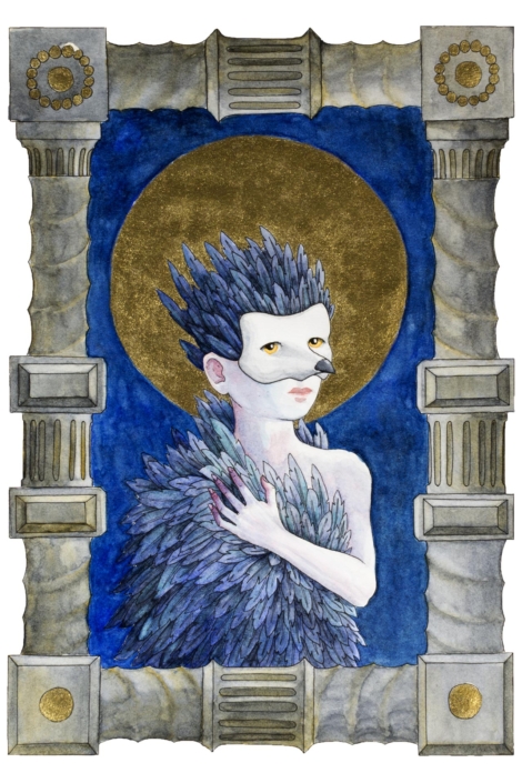 Illustrazione di un uomo vestito con un mantello di piume blu e con una maschera corvina