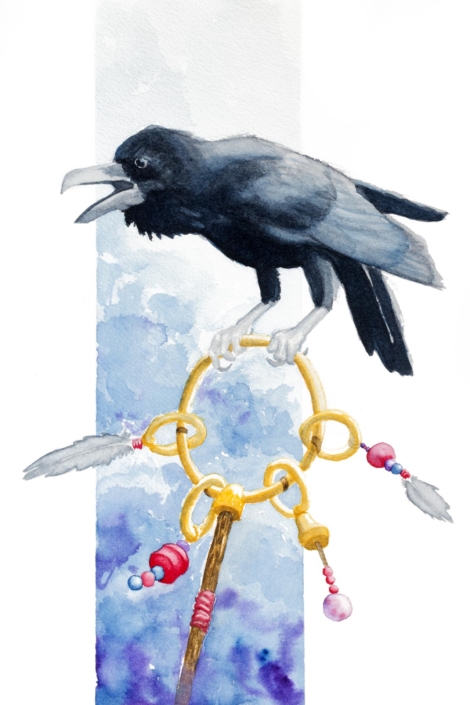 Illustrazione di un corvo appoggiato ad un bastone