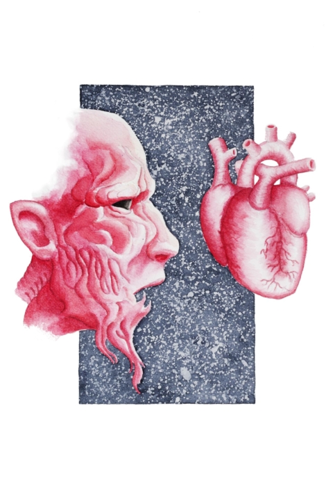 Illustrazione di una faccia di un mostro rosso che guarda un cuore