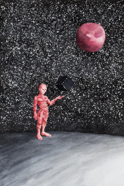 Illustrazione di un mostro in mezzo allo spazio e nella mano ha un cubo nero