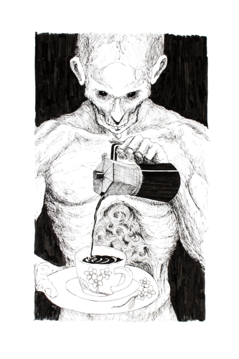 Illustrazione di un mostro che beve un caffè