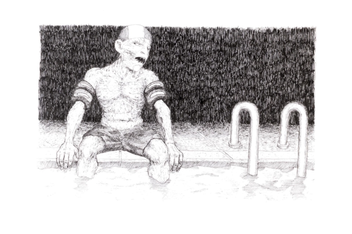 Illustrazione di un mostro in piscina con dei braccioli e una cuffia