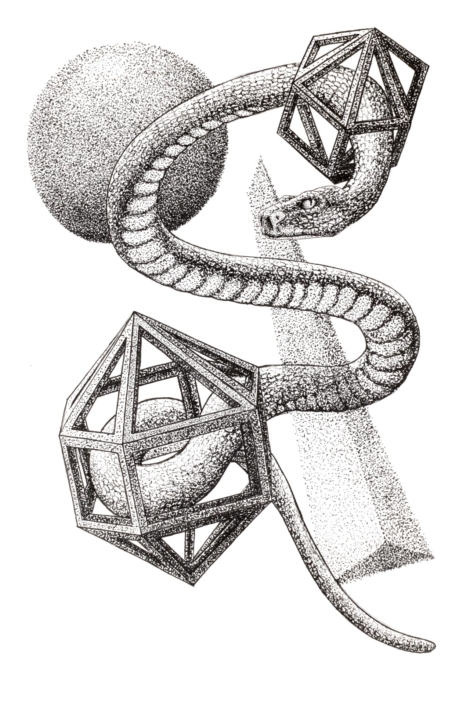 Illustrazione di un serpente fluttuante e di forme geometriche