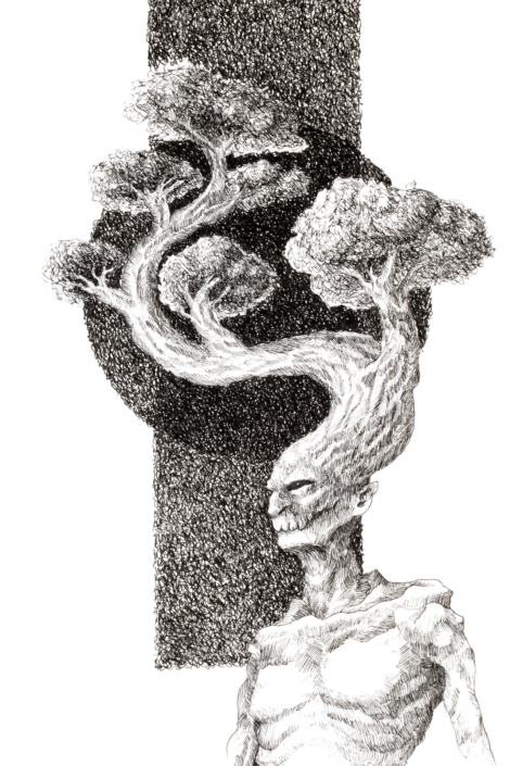 Illustrazione di un mostro con un un albero che gli cresce dalla testa